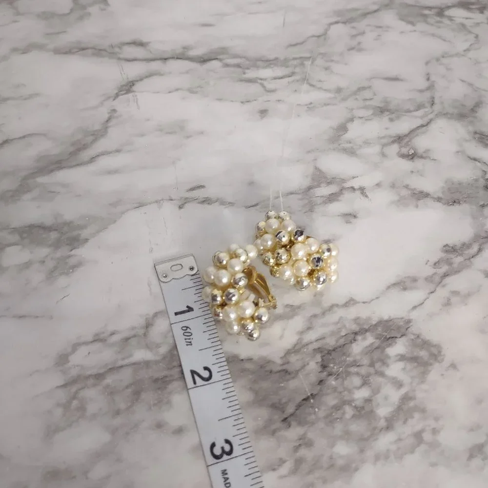 Vintage 80s Clip On Earrings Faux Pearl Bead Strands Dangle Statement 1.5